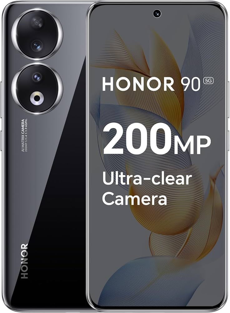 The image shows a HONOR 90 5G smartphone with a 200MP Ultra-clear Camera, displaying the phone from different angles with a focus on its camera module.